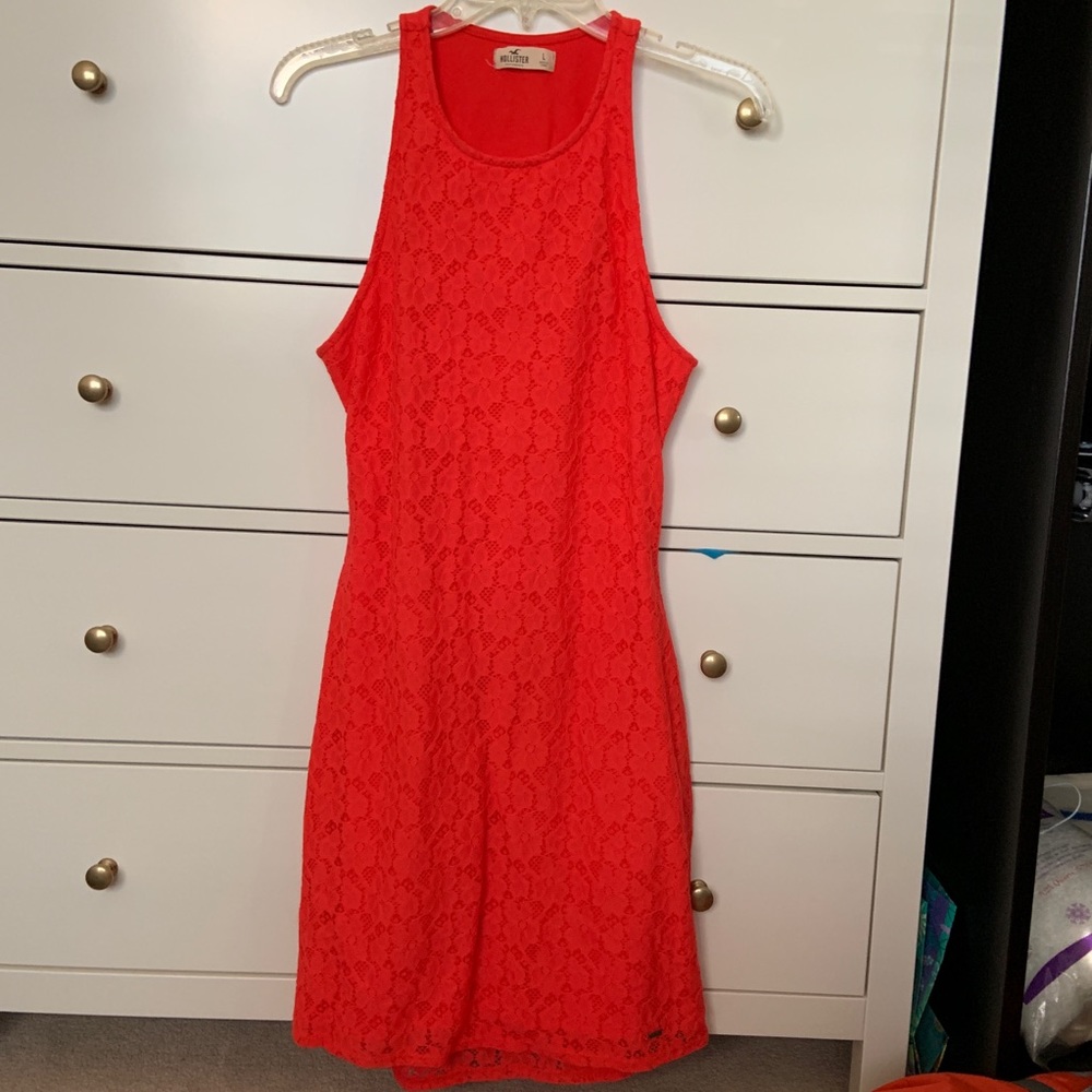 Bright red orange lace backless dress